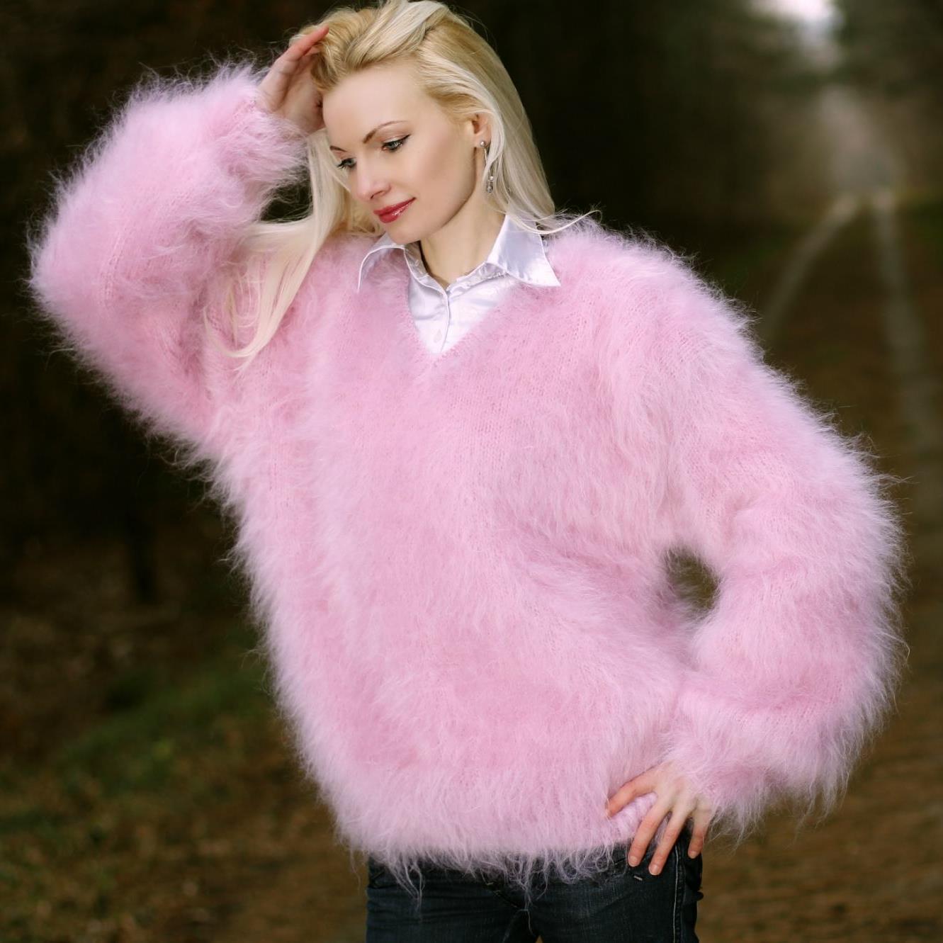Hand knitted mohair V neck sweater in pink