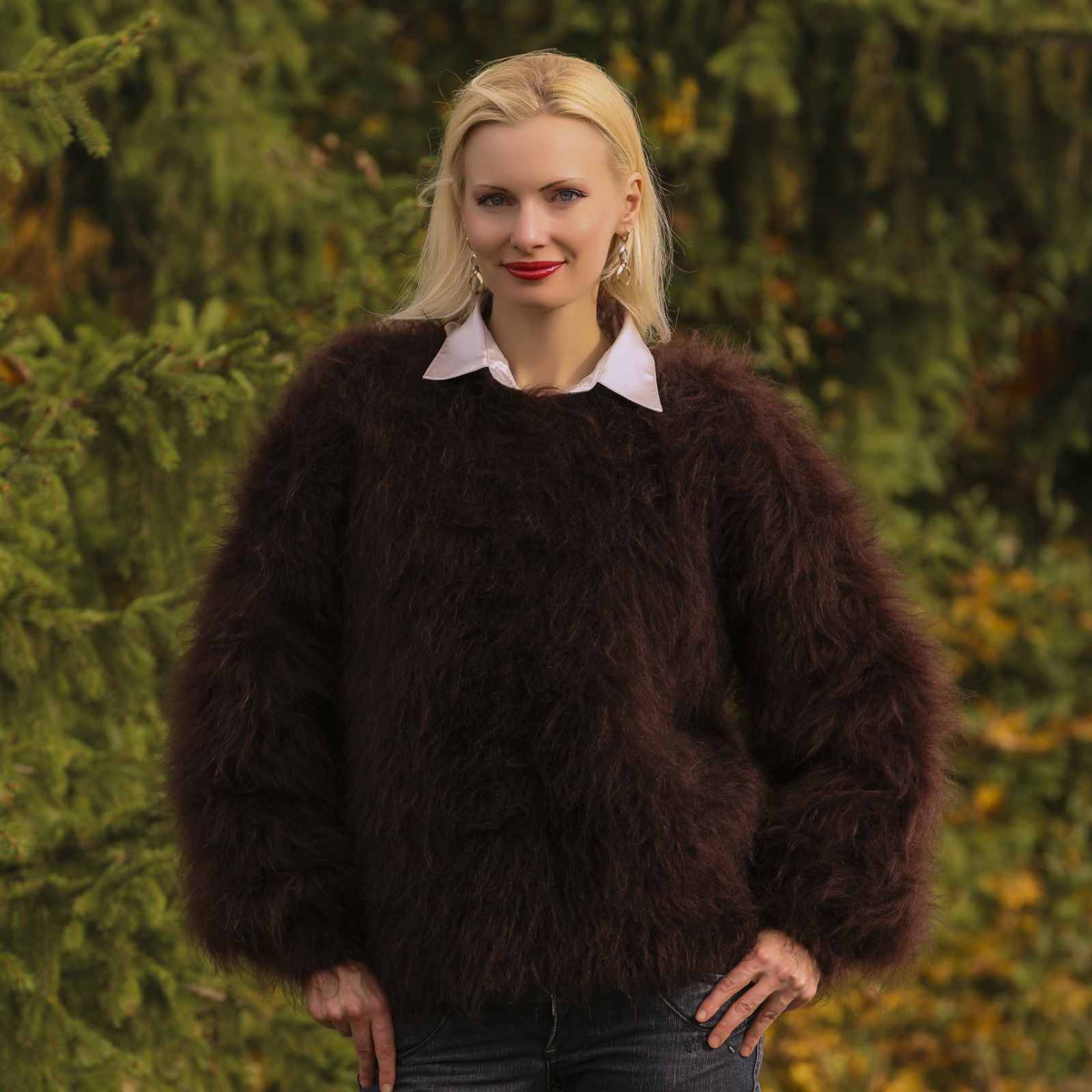 Hand knitted mohair crewneck sweater in brown