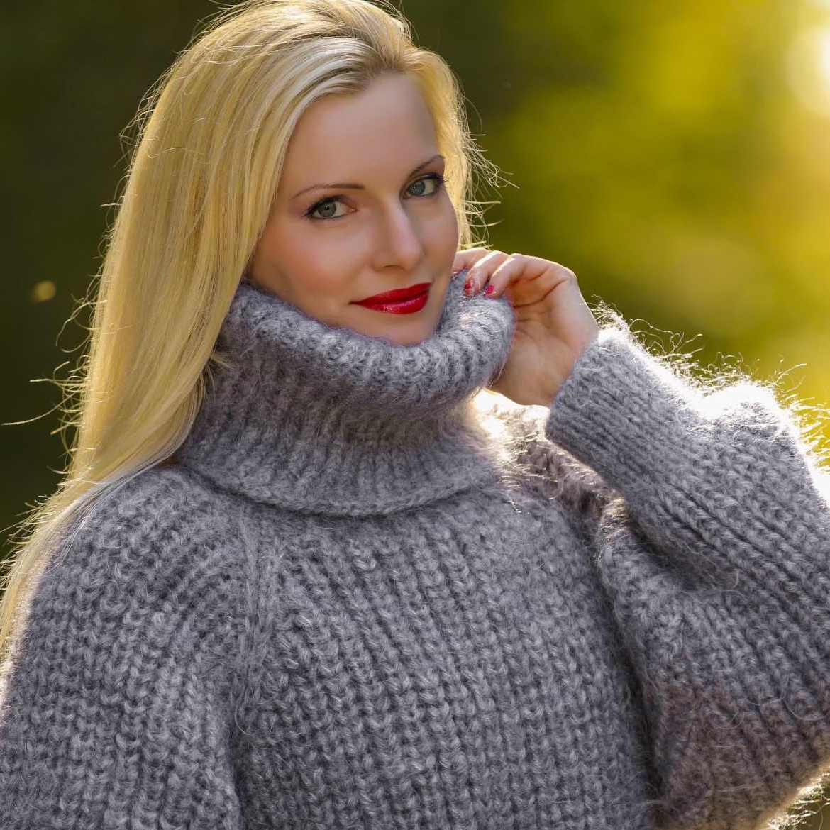 Hand knit ribbed mohair sweater in grey