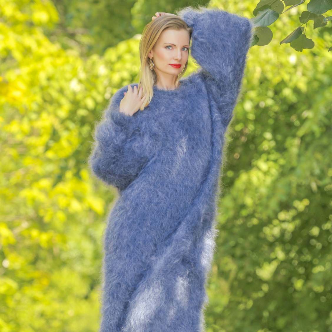 Long denim blue fuzzy mohair sweater dress by SuperTanya – SuperTanya