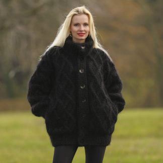 Handcrafted cable knit mohair cardigan in black