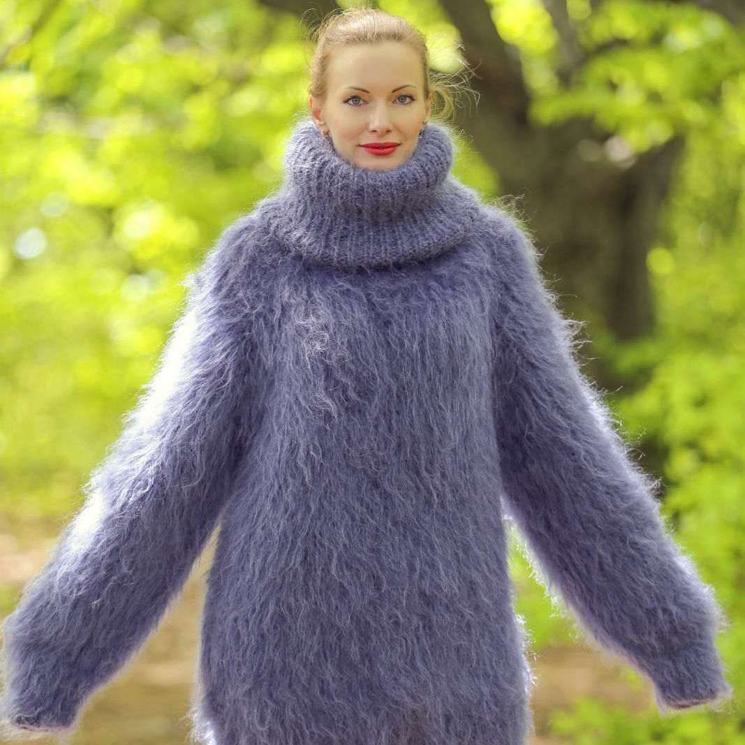 Blue mohair sweater with extra long turtleneck SuperTanya – SuperTanya