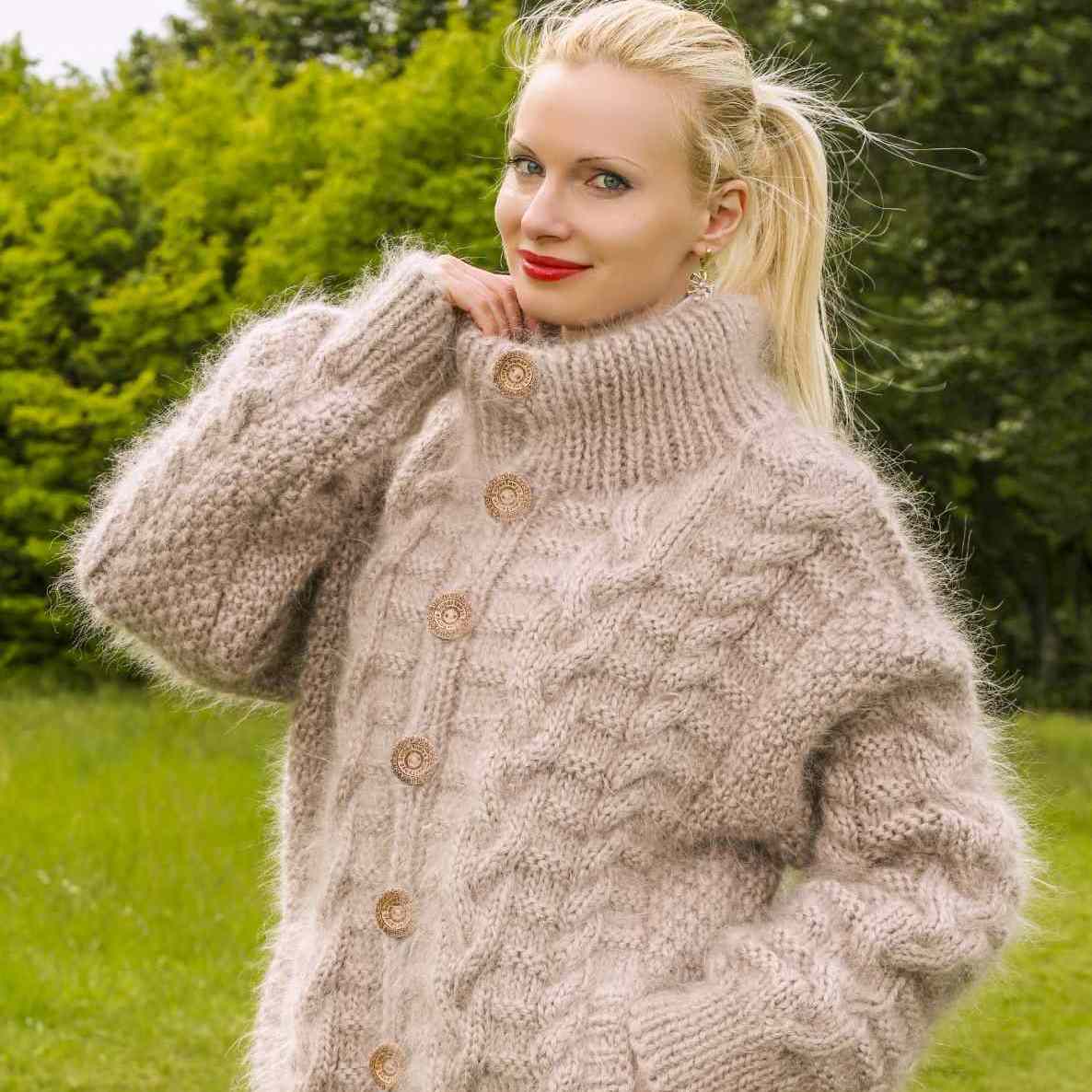 Handcrafted cable knit mohair cardigan in beige
