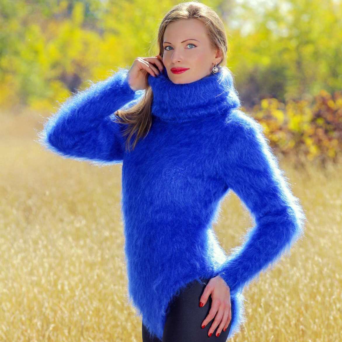 Blue fuzzy bodysuit with extra long turtleneck by SuperTanya – SuperTanya