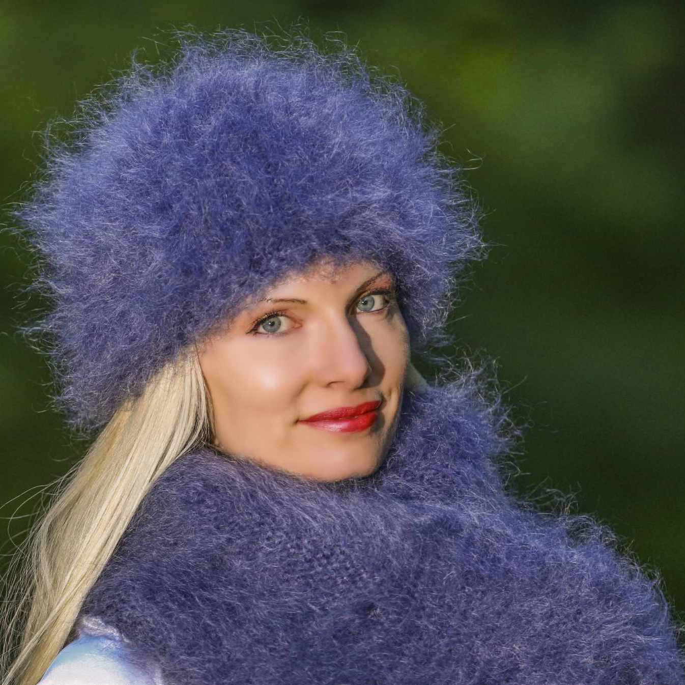 Blue hand knitted fuzzy mohair scarf and fuzzy beanie hat by SUPERTANYA ...