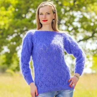 Ajour knitted blue summer sweater, ready to wear, size S-M