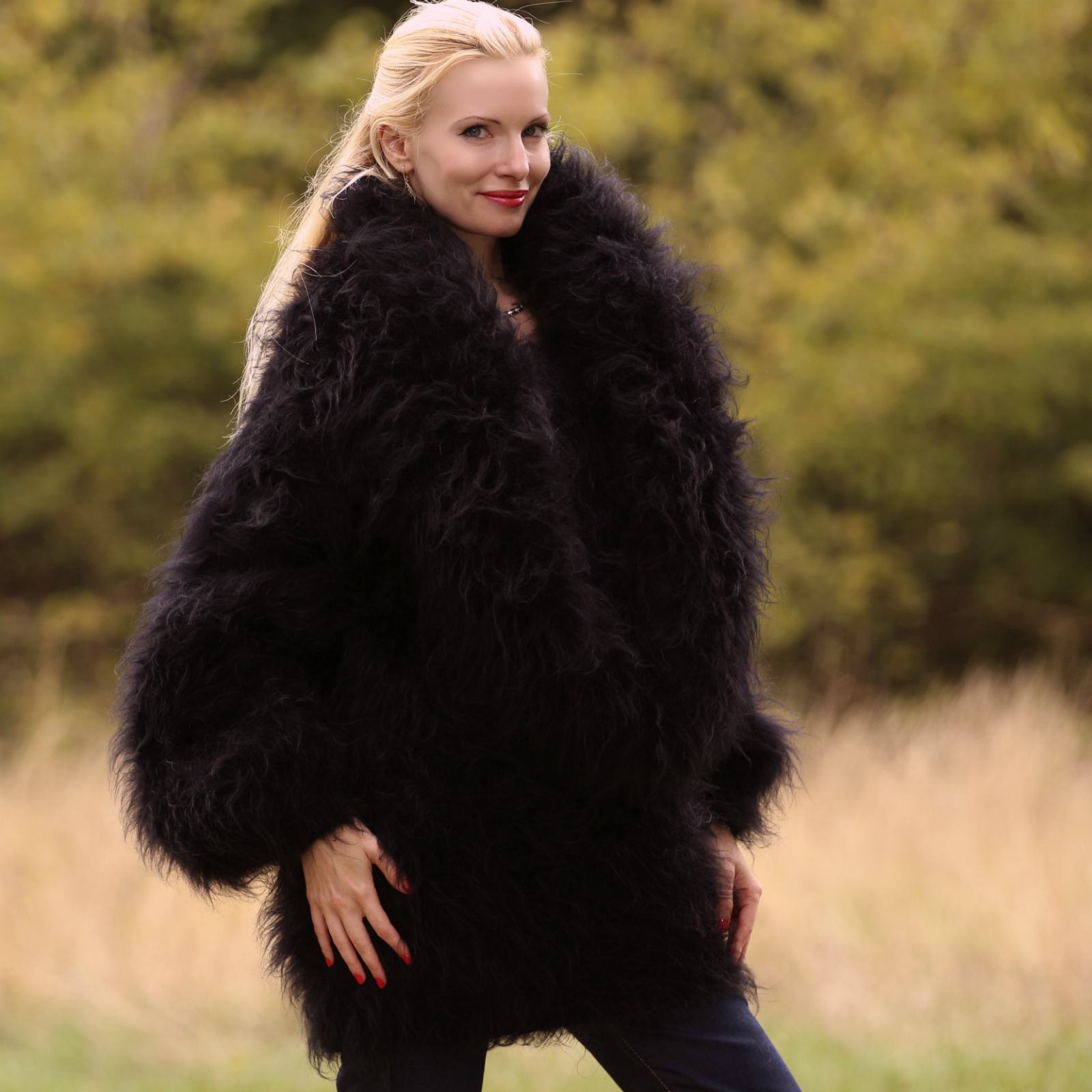 Hand knitted cowl neck mohair sweater in black