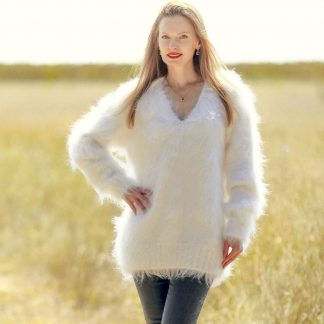 White V neck mohair sweater by SuperTanya, ready to ship, size L-XL ...