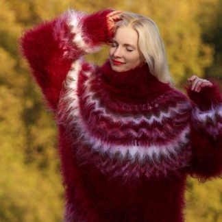 Hand knitted Icelandic mohair sweater in burgundy red