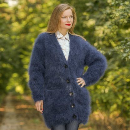 『TEN MOHAIR CARDIGAN BLUE M』 Fuzzy blue long V neck mohair cardigan by SuperTanya
