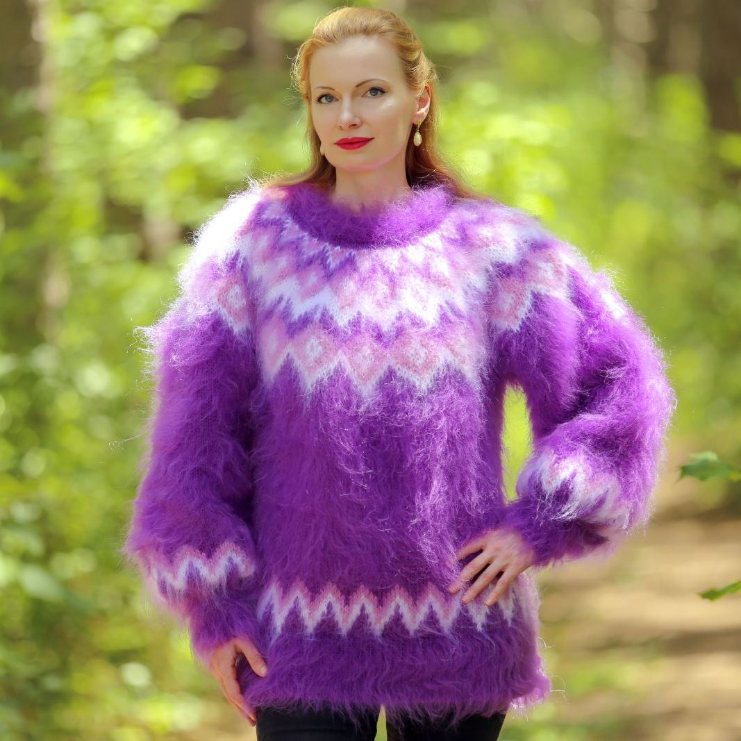 Fuzzy purple mohair sweater with Nordic pattern by SuperTanya – SuperTanya