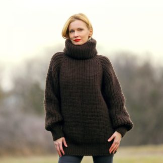Brown thick wool sweater with extra long turtleneck, ready to ship, size L-XL