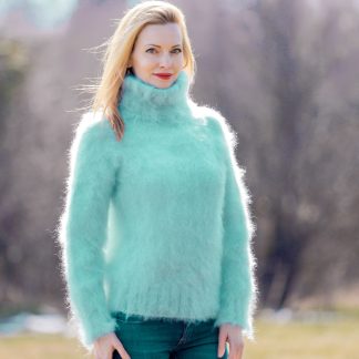 Green fuzzy mohair sweater by SuperTanya, ready to ship, size S-M