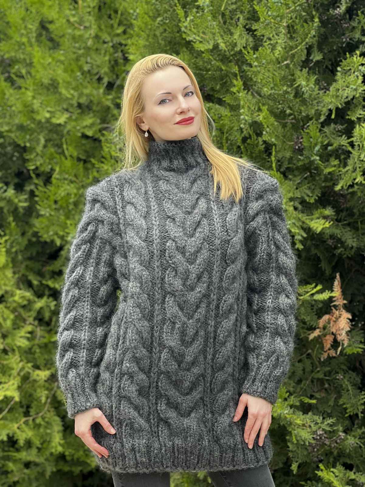 Gray cable knit mohair sweater, ready to ship, size L-XL