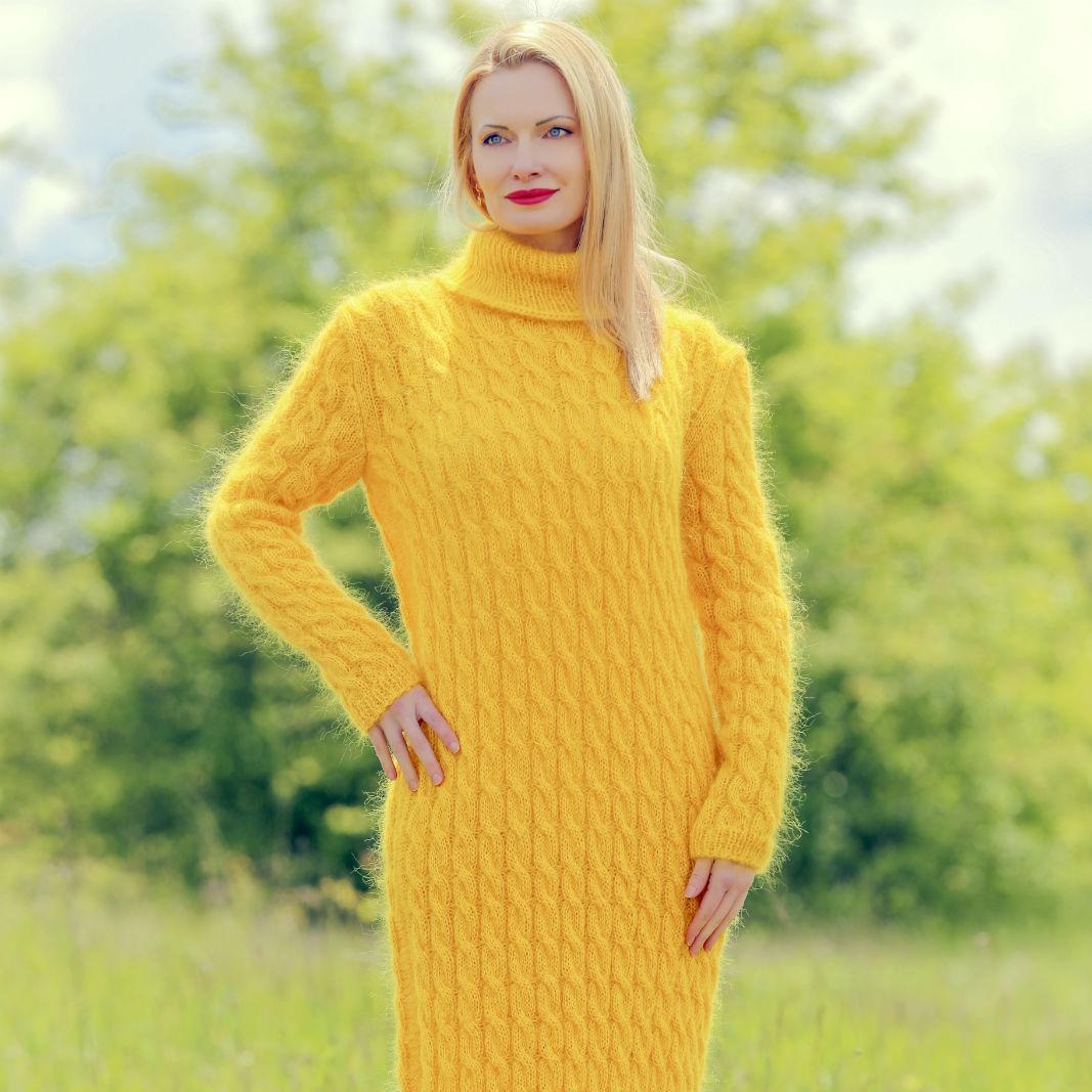 Yellow Cable knit mohair dress by SuperTanya, ready to ship, size XS-S