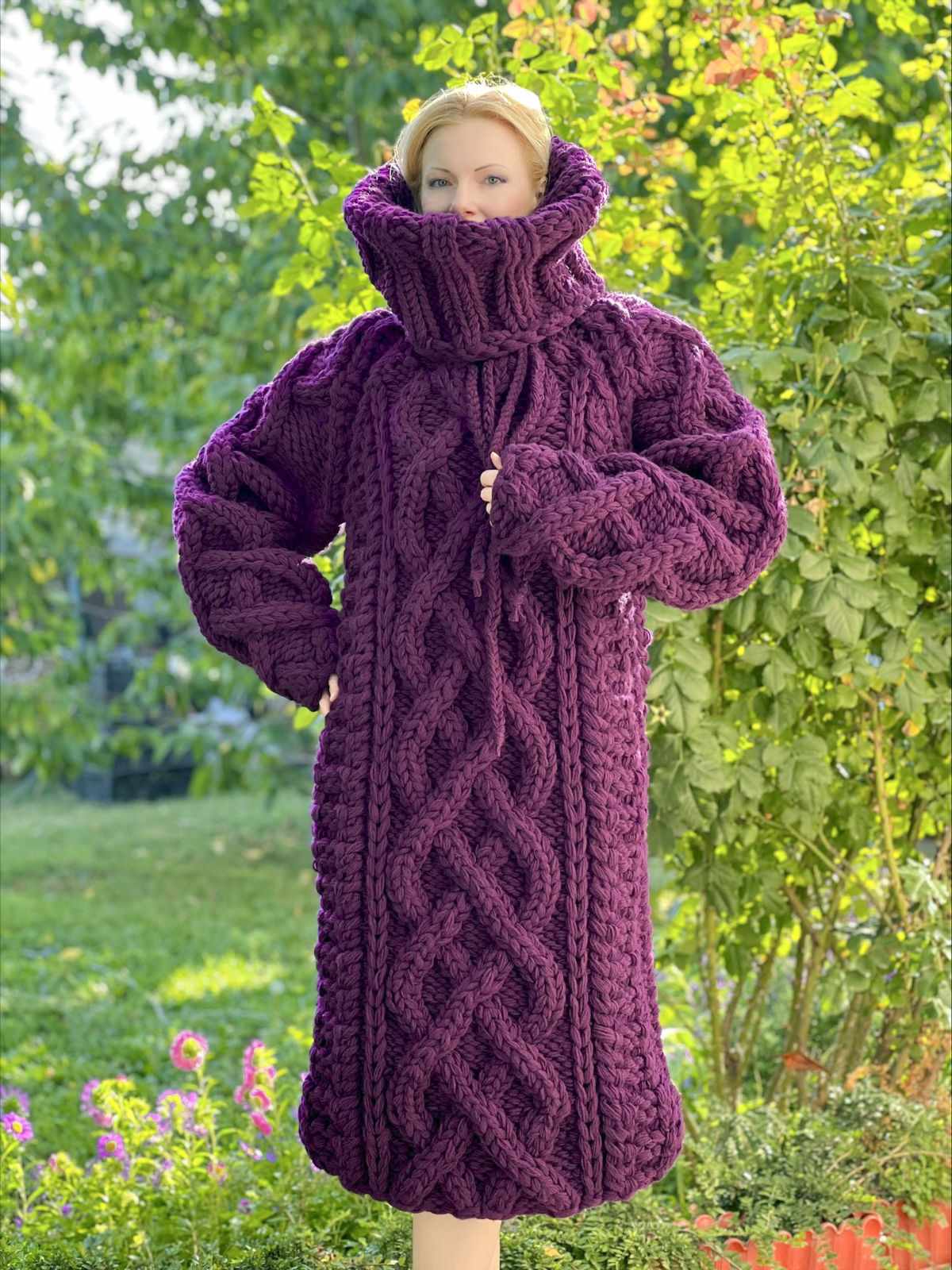 Unique designer purple cable knit thick wool dress SuperTanya