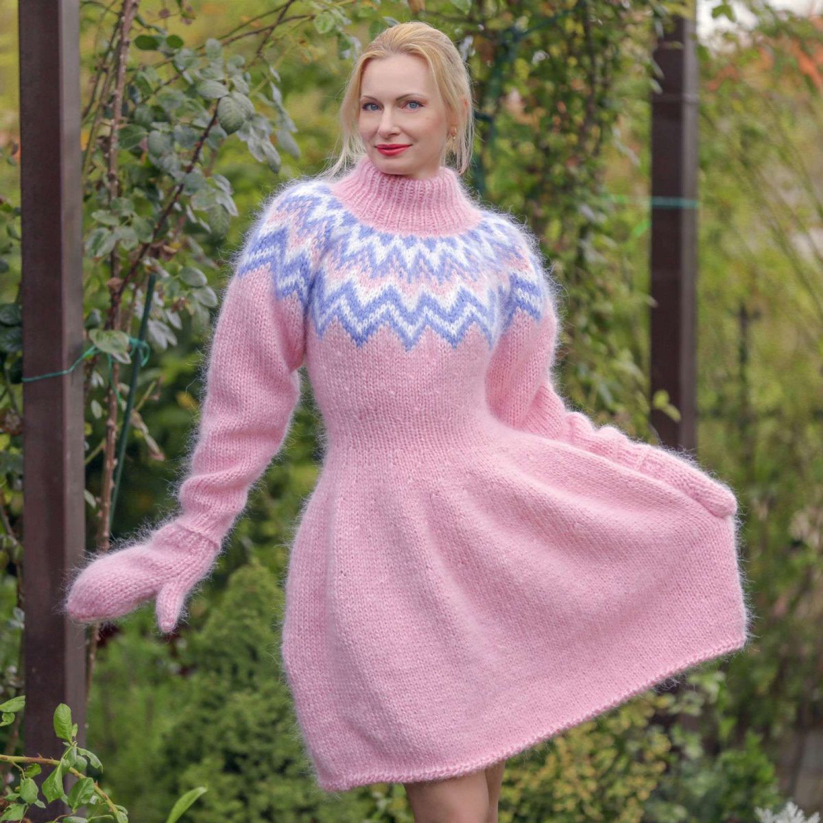 white christmas dresses Floral crochet blended mohair dress – blue main image 0