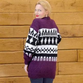 Purple wool sweater with Scandinavian pattern - ready to ship, size L-XL
