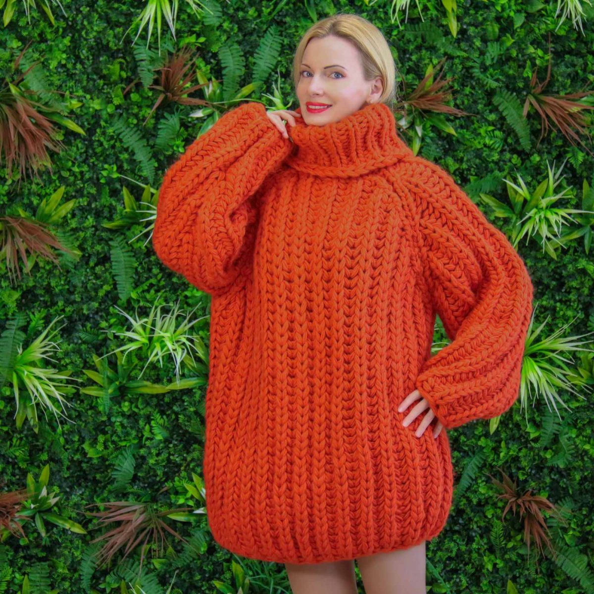 Giant orange hand knitted sweater, hand knitted with 100% wool