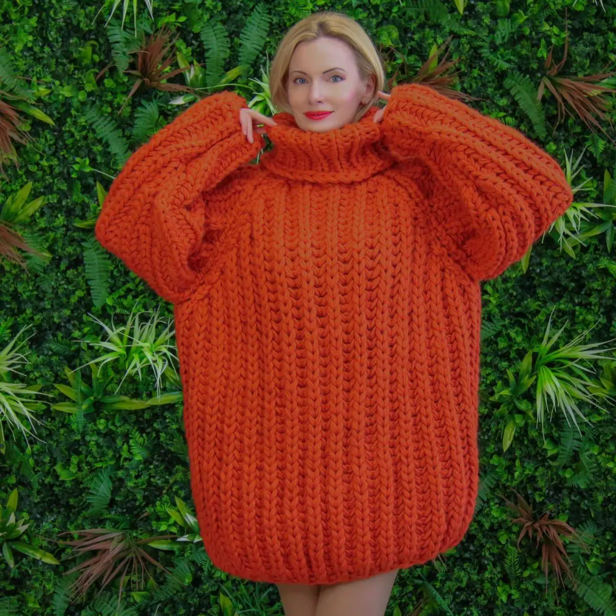 Giant orange hand knitted sweater, hand knitted with 100% wool