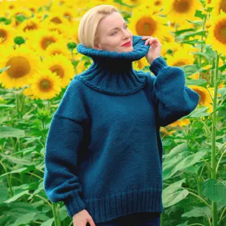 Hand knitted green wool sweater - ready to ship, size XL-XXL